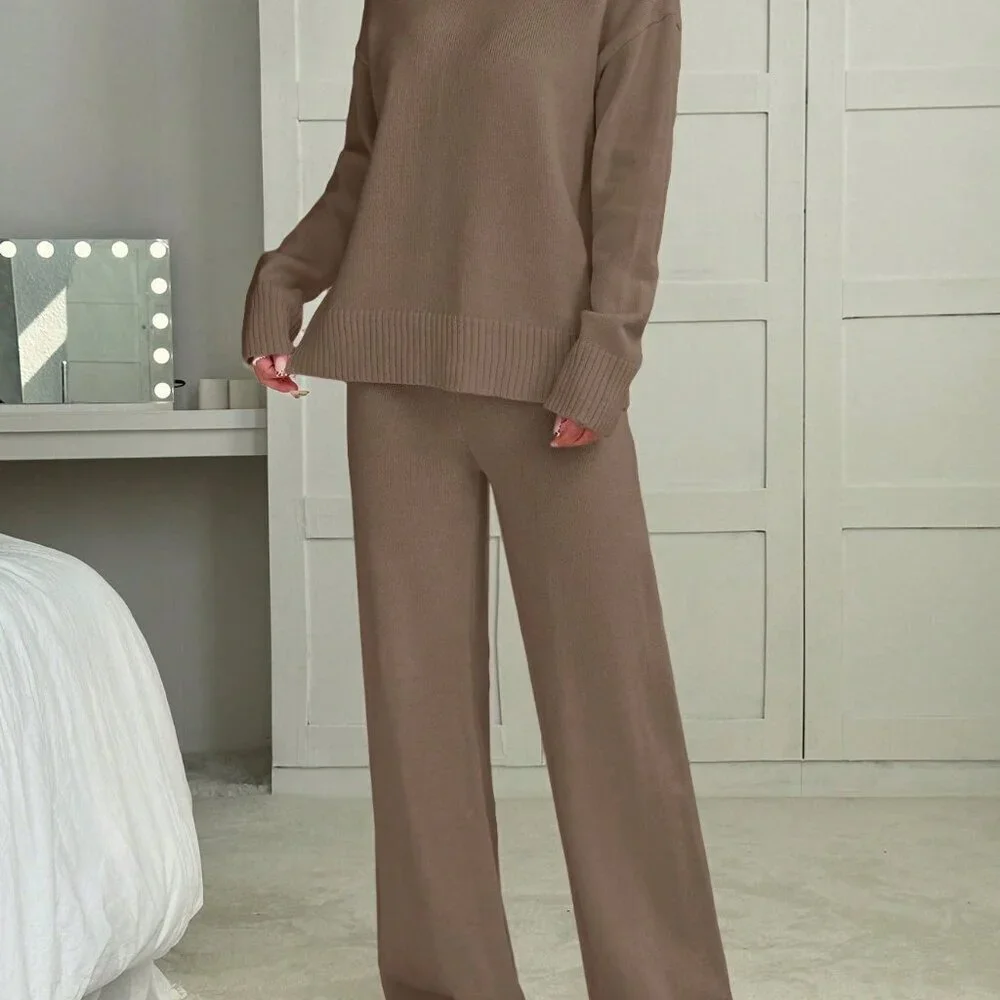 Brown Casual Women's Crew Neck Long Sleeve Sweater And Long Pants Set - Picture 4 of 6